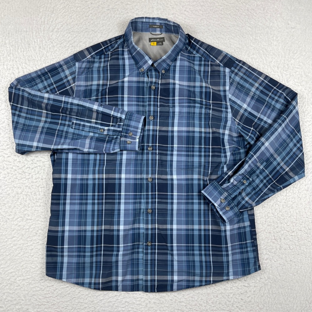 Eddie Bauer‎ Button Down Shirt Mens 2XL Blue Plaid Classic Fit Hiking Casual